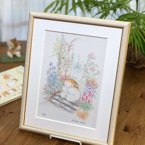 ハムスター版画「まちぼうけ」 絵本の主人公の「まも」とお庭、手描き