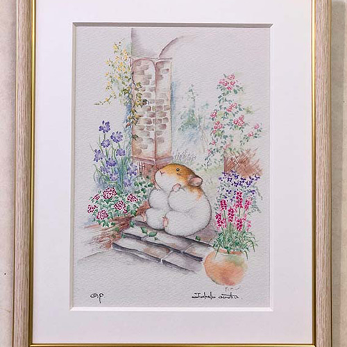 絵画作品 原画 油彩画 【待ちぼうけ】 ハムスター版画「まちぼうけ」 絵本の主人公の「まも」とお庭、手描き