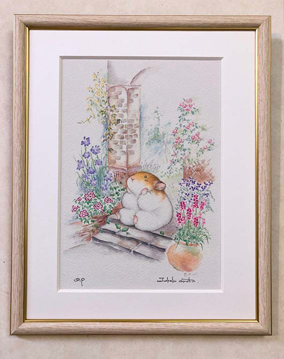 ハムスター版画「まちぼうけ」　絵本の主人公の「まも」とお庭、手描きで優しく描きました 1枚目の画像