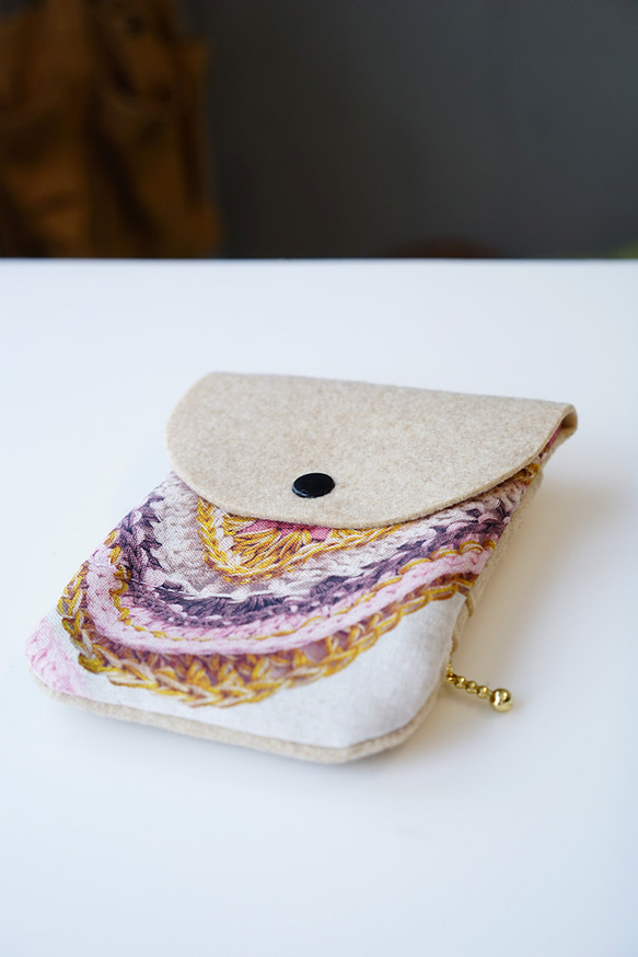 紙幣和硬幣可以分開♪Coin through mini wallet/knit pattern x beige 第3張的照片