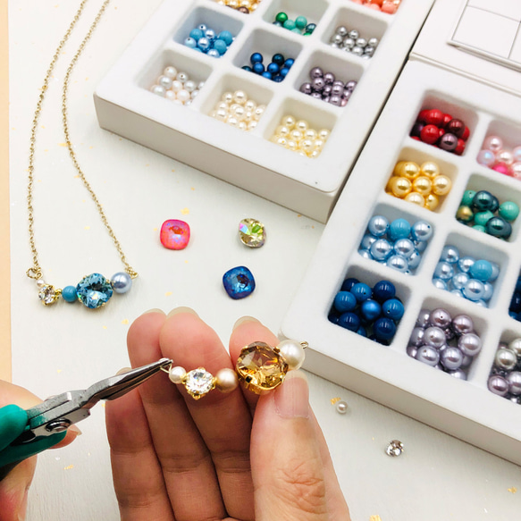 [DIY材料包] 方鑽珍珠項鍊 水晶 飾品 手作禮物 第3張的照片