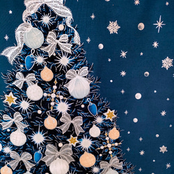 【早割祭2023】クリスマスツリーデザイン生地ファブリック（ラメ有り）ネイビー 4枚目の画像