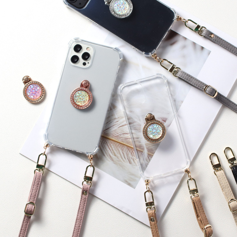iPhoneケース クリア ショルダー レザー ストラップ リング付き 韓国