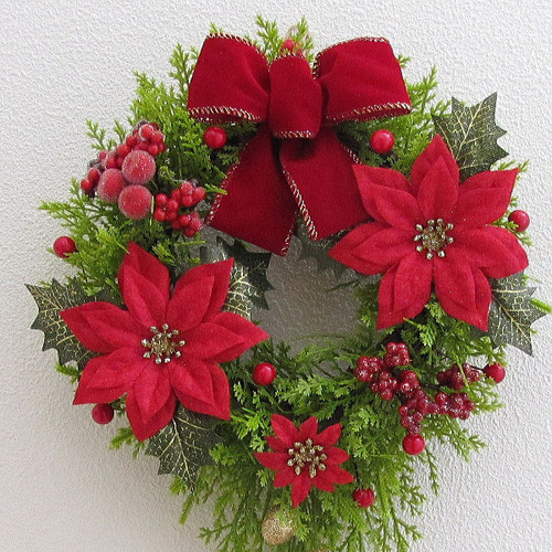 Xmas☆レッドポインセチア入りキャスケードリース クリスマス