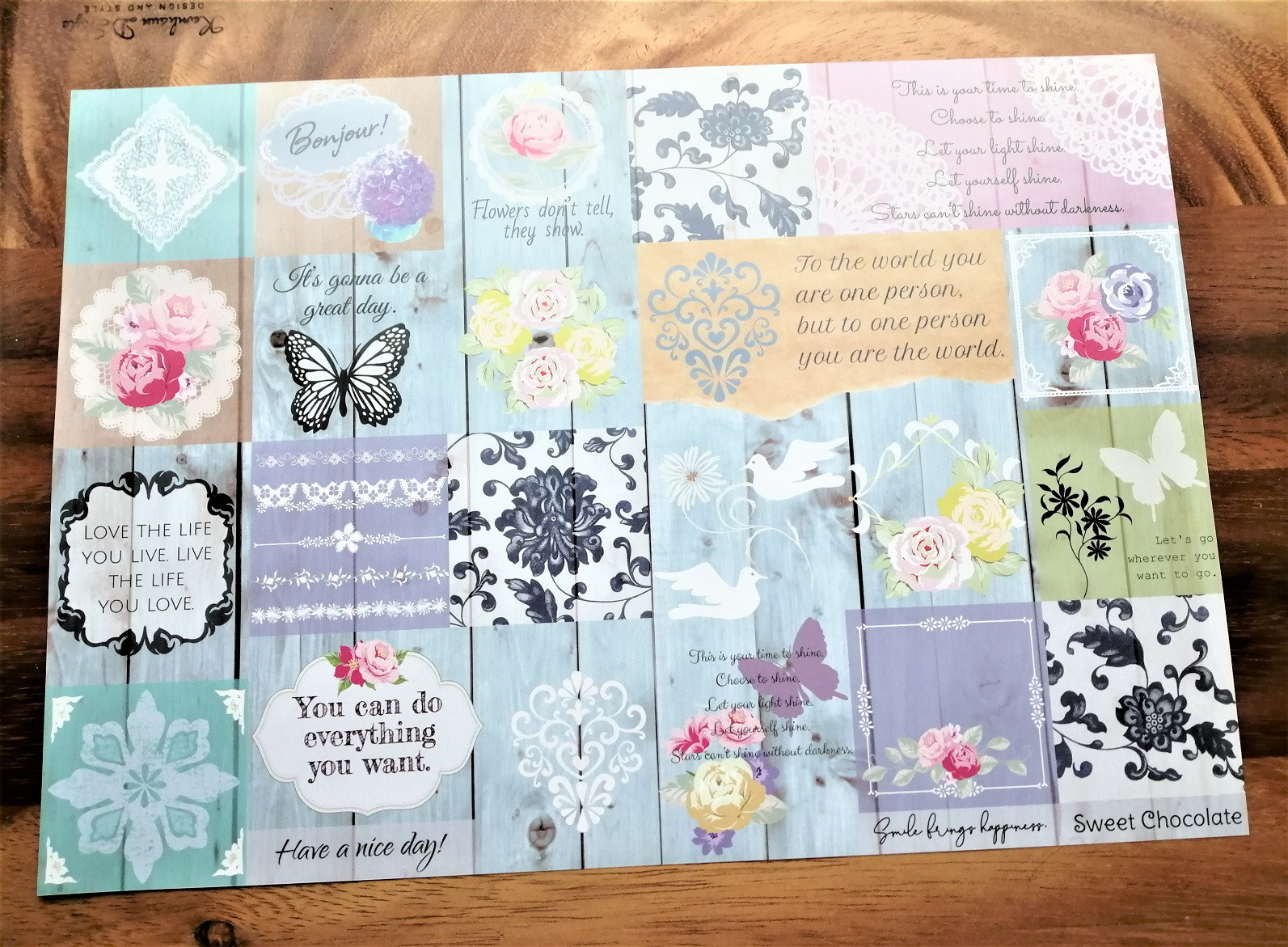 23.デザインペーパー デザインペーパー A4 10枚 蝶 英語メッセージ バラ 木目 タイル