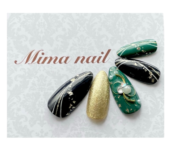 成人式ネイル 和柄 和装 イベント 緑 グリーン 黒 ゴールド ネイル  