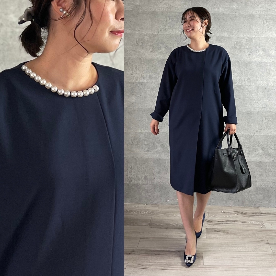 SALE【パールが華やか】安心のゆったり感 体系カバーシルエット 膝下丈ワンピース【M】KMC-510 862061