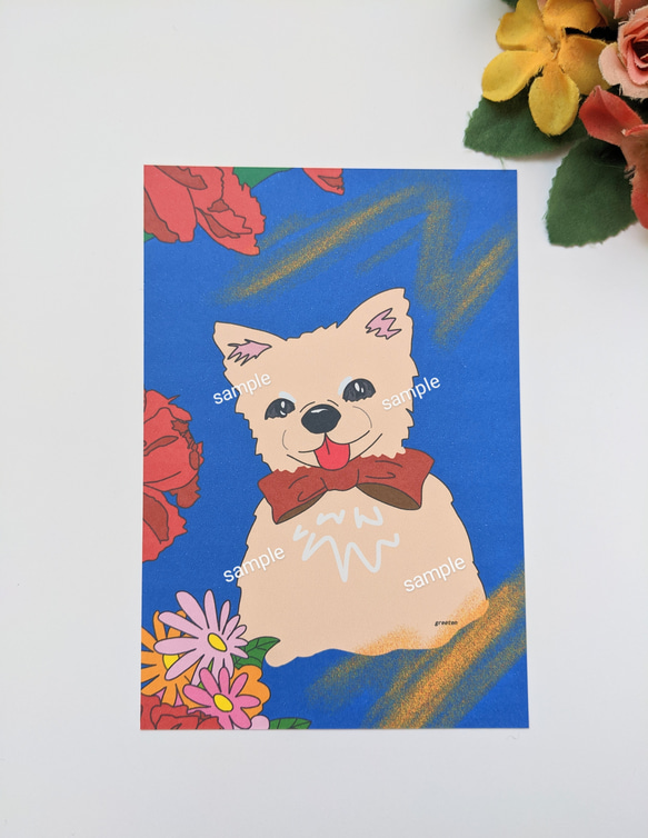 犬イラスト・アート　花とチワワ　2枚ポストカードセット 2枚目の画像