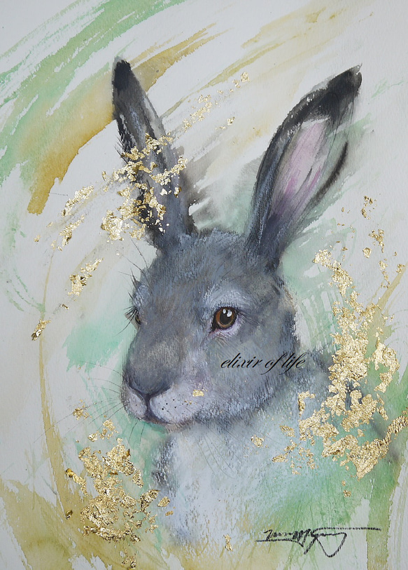 若いウサギ（高級水彩画用紙、F4、24cm×33，7cm、墨