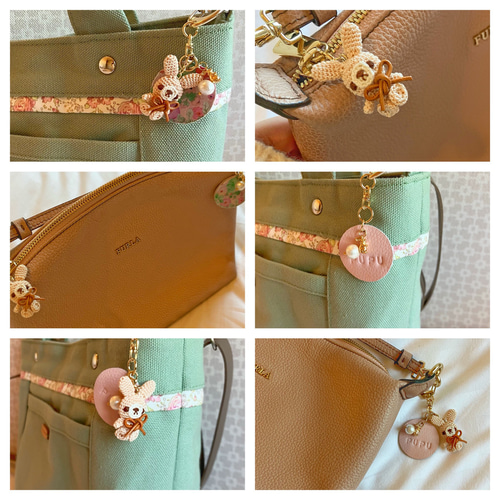 本革リバティ生地リバーシブルタグキーホルダー×レース糸あみぐるみ