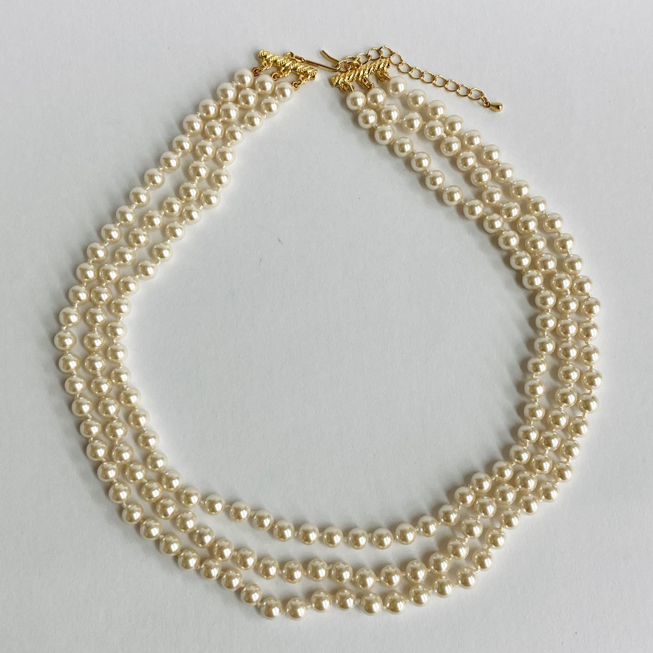 ガラスパール3連オールノットネックレス/6ｍｍ約43.5/46.5/50cm/クリーム/G/日本製
