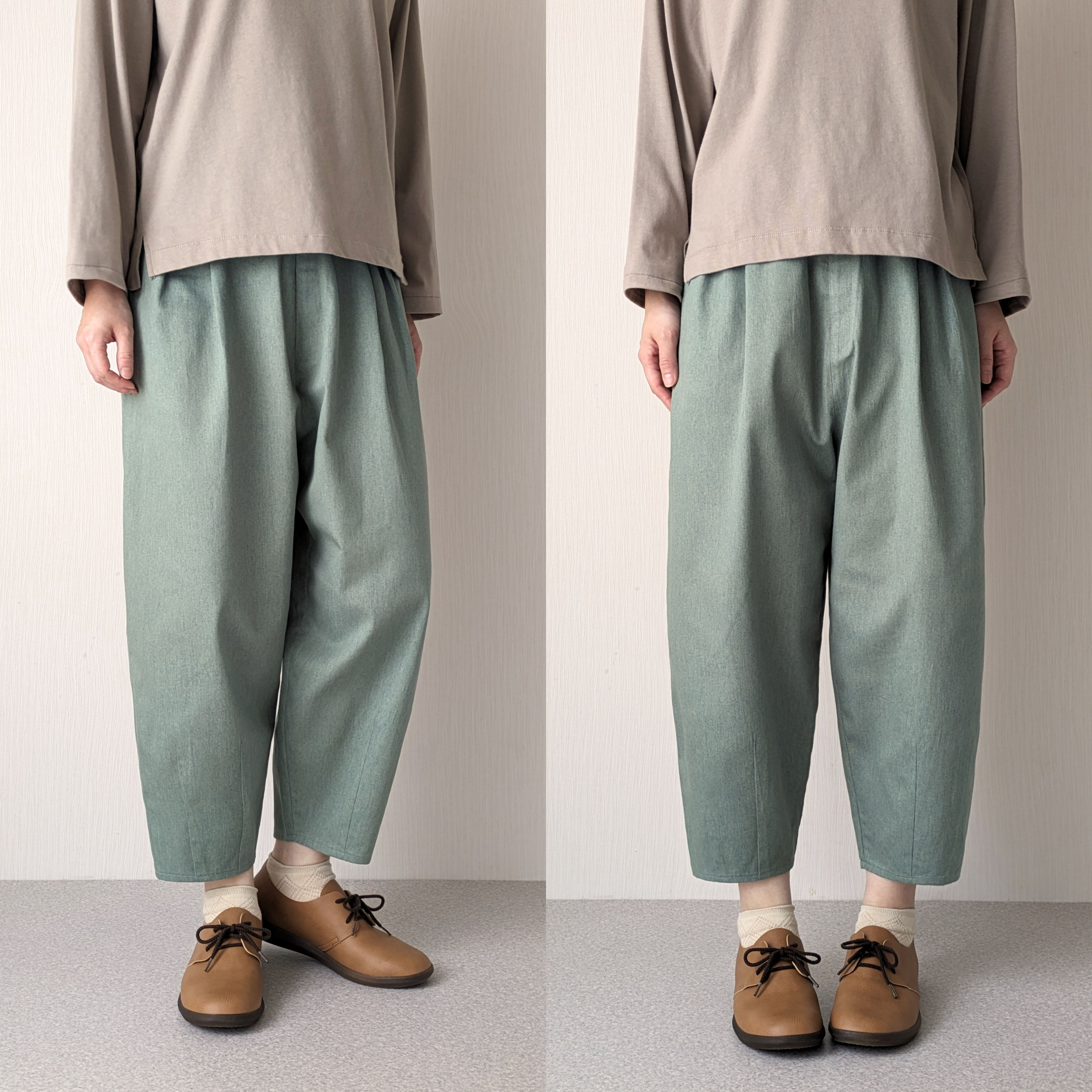 太さも選べる♠ プリント綿ツイルデニム オールドサックス／バルーンパンツ 綿100% 9.5分丈 ゆったりシルエット