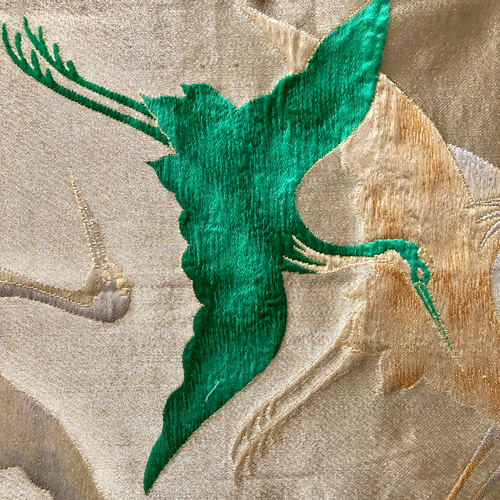 帯のランチョンマット 金に赤と緑の鶴（2枚セット） 撥水加工 着物