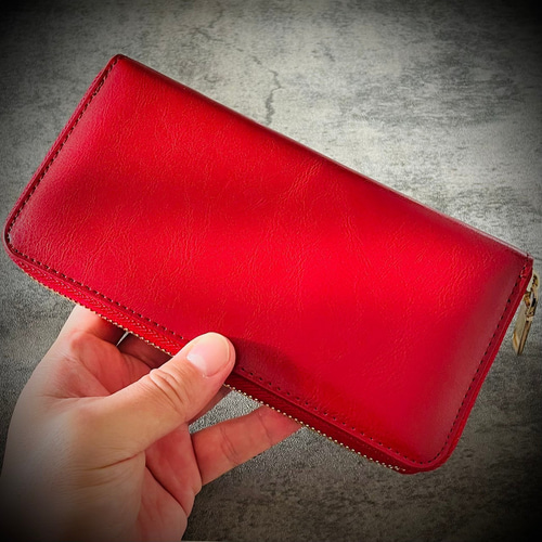 レトロスタイル　本革　オールレザー　ラウンドファスナー長財布　新品　レッド オイルレザー ラウンドファスナー 長財布 牛革 本革 メンズ財布