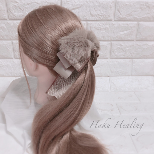 モカファーチェックリボン バナナクリップ ヘアクリップ・バナナ