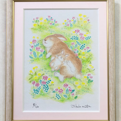 うさぎと女の子のクレヨン画 うさぎ親子のジークレー版画「おひるねうさぎ」色鉛筆手描きの