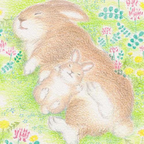 うさぎ親子のジークレー版画「おひるねうさぎ」色鉛筆手描きの