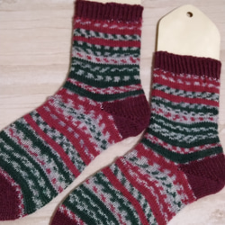 ネット洗いOKコスパ◎数シーズン使える手編み靴下赤レディースMサイズ カラーあり