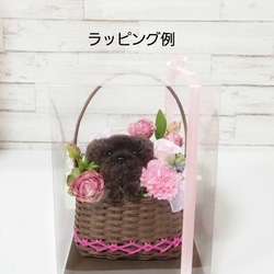 もこペット【茶犬・ピンクバスケット】プリザーブドフラワー 犬 花 母の日 誕生日 カーネーション ペット 10枚目の画像