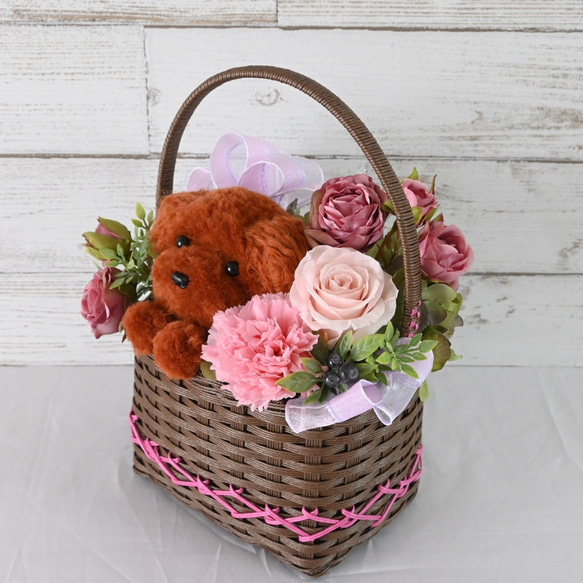 もこペット【茶犬・ピンクバスケット】プリザーブドフラワー 犬 花 犬好き 誕生日 母の日 送別品 お祝い ペット 8枚目の画像