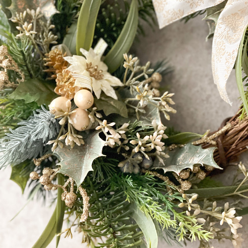 クリスマスリース(ホワイトゴールドリボン)/ハーフリース/ドアリース