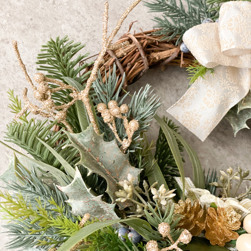 クリスマスリース(ホワイトゴールドリボン)/ハーフリース/ドアリース
