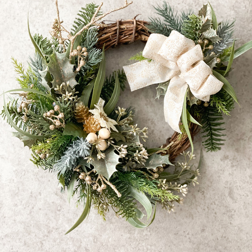 クリスマスリース(ホワイトゴールドリボン)/ハーフリース/ドアリース
