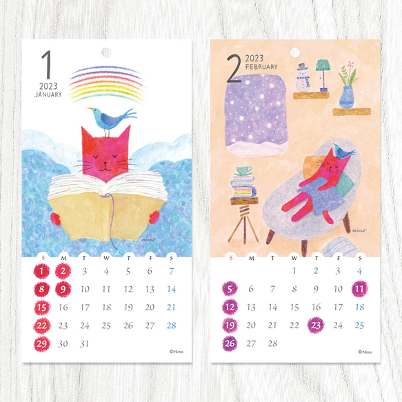 2023年 小さめカレンダー 赤い猫と青い鳥「ハルとソラ」 4枚目の画像