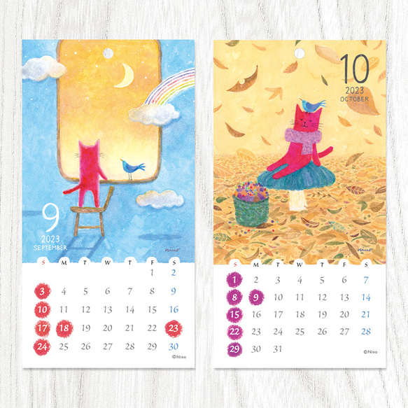 2023年 小さめカレンダー 赤い猫と青い鳥「ハルとソラ」 8枚目の画像