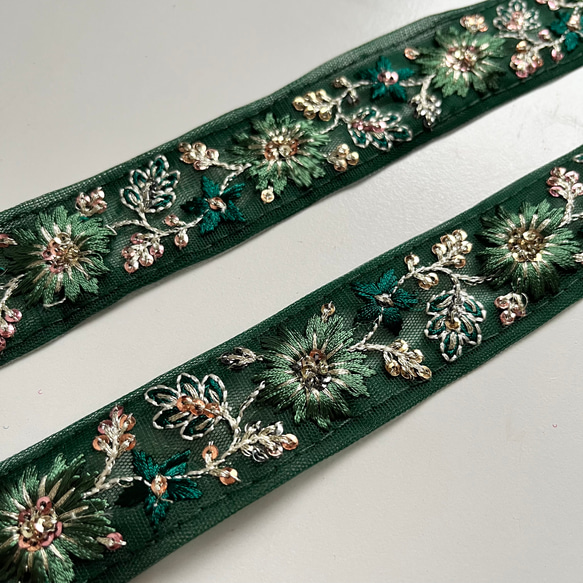 【50cm】インド刺繍リボン　グリーン　チュール　SN477 3枚目の画像