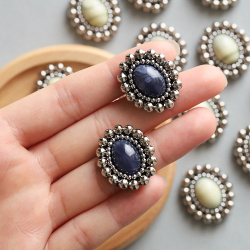 ビーズ刺繍カボション】ブルー ビーズ刺繍 カボション シルバー 貼り