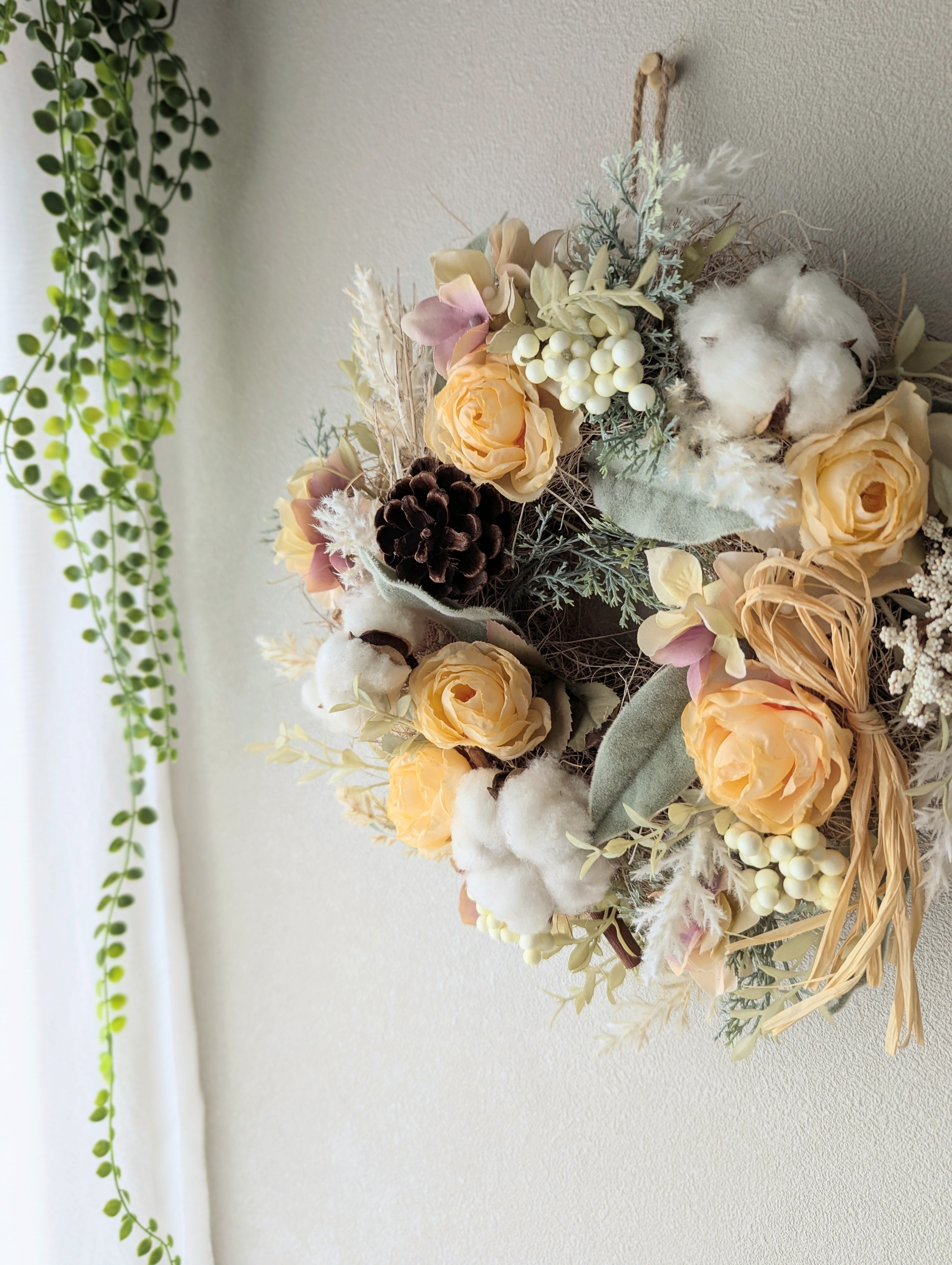 【White Grass Wreath】クリームドライドローズ×ドライコットン×パンパスグラス×ラムズイヤー クリスマス