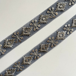 【50cm】インド刺繍リボン　ブルーグレー　チュール　SN479 5枚目の画像