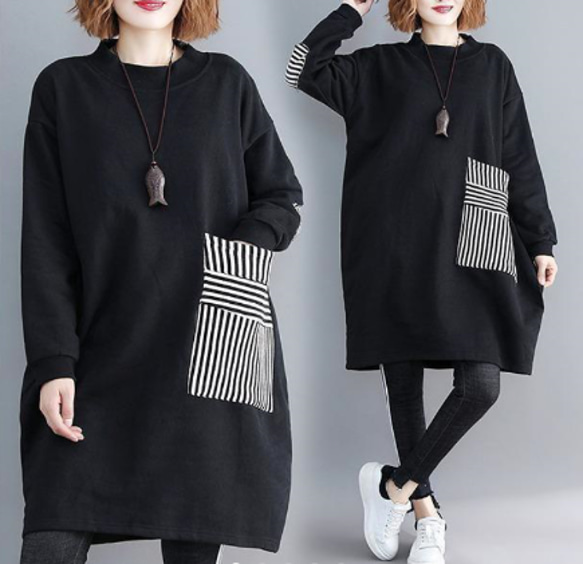 大きいサイズ レディース ストライプ ビッグポケット チュニック  