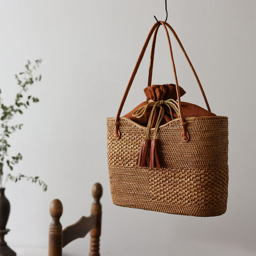 手編む鞄 伝統工芸 アタ かご バッグ トートバッグ 巾着袋＆タッセル  