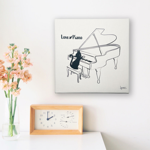 ファブリックパネル グランドピアノを弾く猫（ねこ）ネコイラスト