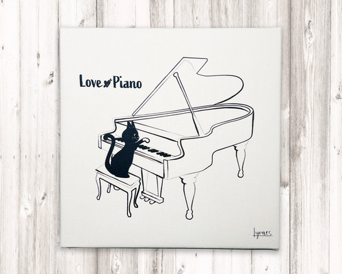 絵画。壁掛け原画【ピアノ部屋で音楽を聴くのが好きなかわいい黒猫】 絵画 。壁掛け絵原画手描き【ピアノの機の上で少女の伴奏のため