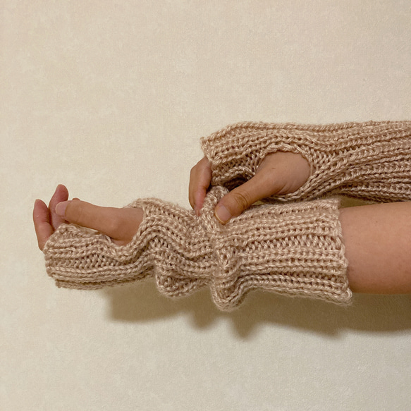 ハンドウォーマー ベージュ アームウォーマー 手編み ハンドメイド