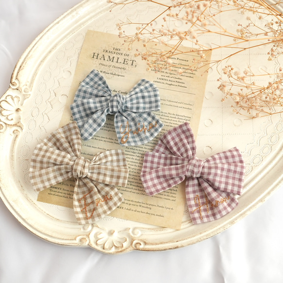 全3種類 オーダーメイド キラキラ お名前入り リボン ヘアクリップ