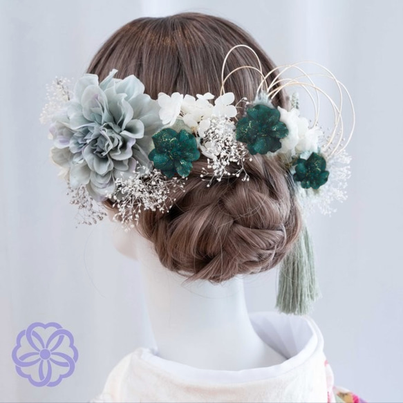 髪飾り くすみブルーグリーンのダリアと紫陽花の髪かざりNoKG11 成人式  
