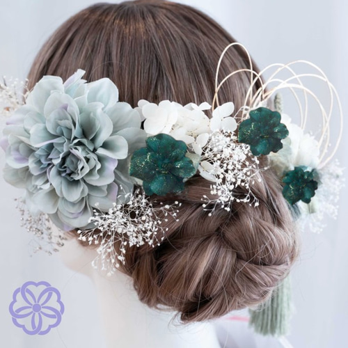 【りたん様】専用　オーダー髪飾り 髪飾り くすみブルーグリーンのダリアと紫陽花の髪かざりNoKG11 成人式