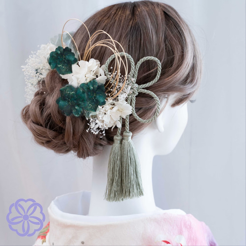 髪飾り くすみブルーグリーンのダリアと紫陽花の髪かざりNoKG11 成人式