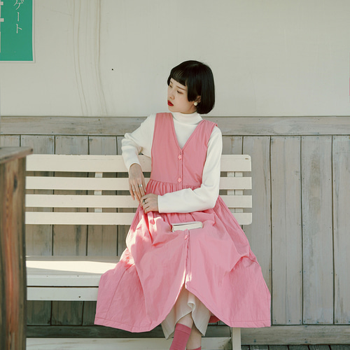 マカロン ピンク ミルク Huhu Aライン ノースリーブ ハイウエスト  