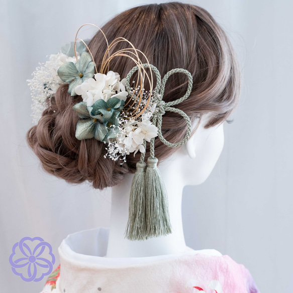 髪飾り　くすみブルーグリーンのダリアと紫陽花の髪かざり　成人式　卒業式　結婚式　振袖　着物　和装　ヘアアクセサリー 7枚目の画像