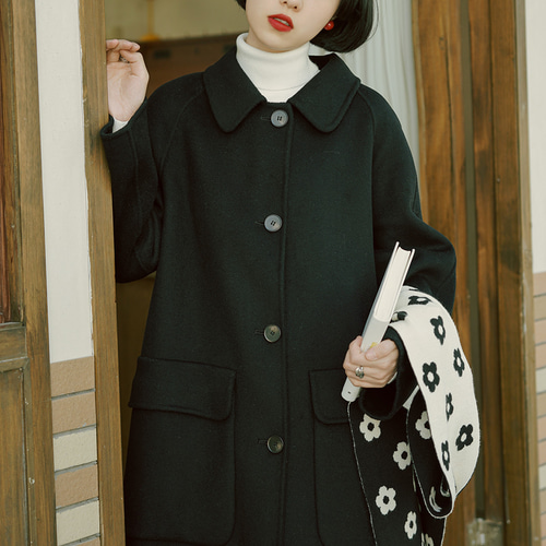 ブラック ウール70% ダブルフェイス ウール ミニマリスト コート 立体