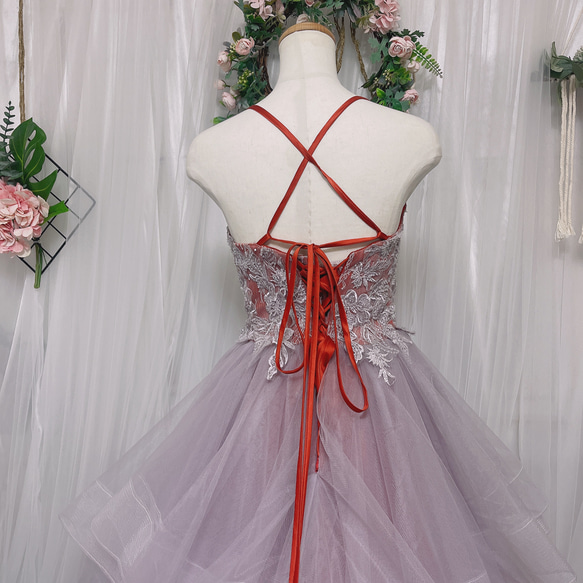 Vネック カラードレス ウェディングドレス 肩紐付き ビーズ付き 二次会 発表会 色変更可 6枚目の画像