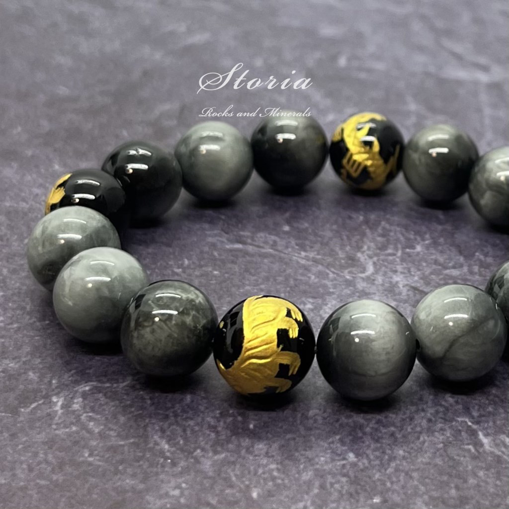 12mm グレータイガーアイ（虎目石）×四神相応 金彫刻オニキス ブレスレット 5,165円