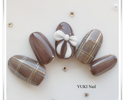 チェックとリボンのネイル ネイルチップ（つけ爪） yuki-nail 通販