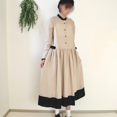 贅沢！最高品質リベコ社ベルギーリネン 生成×ブラック バンドカラー 