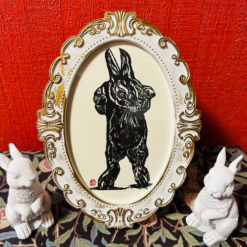 木版画　柿沼　朋実さんの作品 柿沼朋実ウサギの木版画プリント 手軽に楽しめる正月飾り 玄関やお部屋